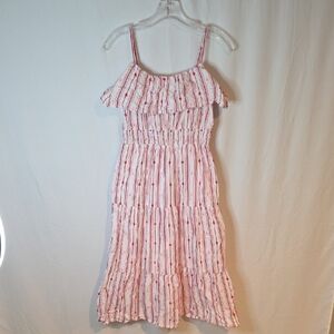 LOFT Pink and White Ruffle Midi Dress